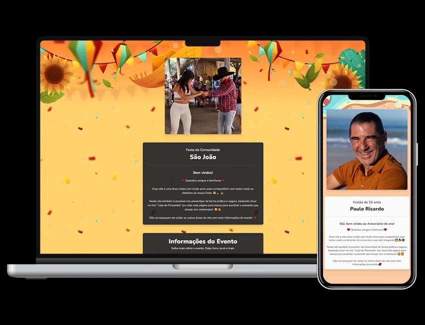Exemplo de site de evento criado no Tem Festinha